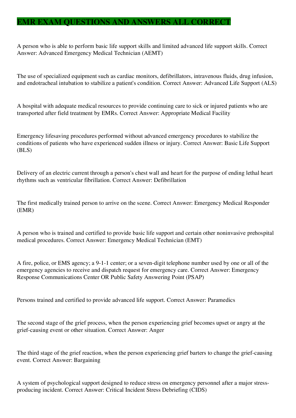 EMR EXAM QUESTIONS AND ANSWERS ALL CORRECT - Browsegrades